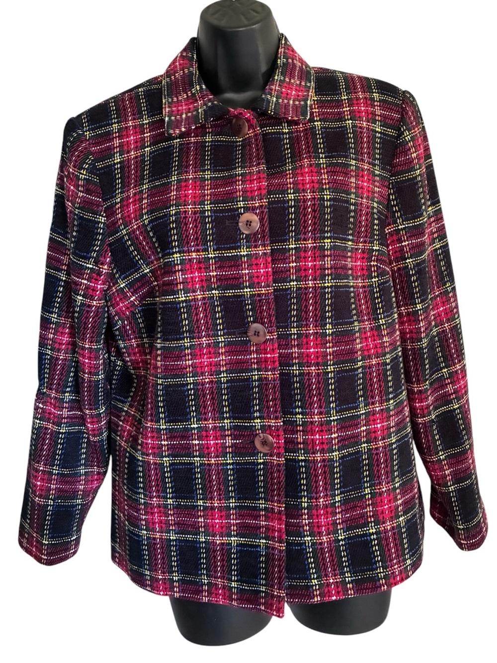 Vintage 90s Prep Clueless Holiday Red Multi Plaid Button-Front Blazer Sz L